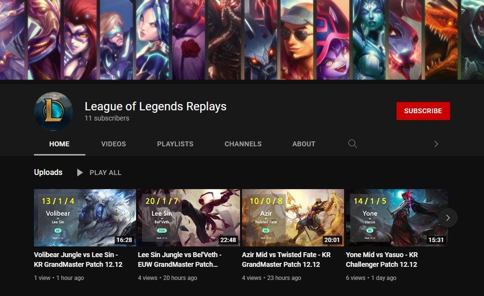 Screenshot do canal do Youtube "League of Legends Replays" que foi criado programaticamente